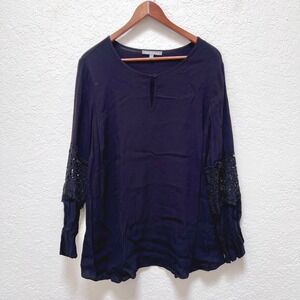 Daniel Rainn Black Crochet Lace Sleeve Blouse Plus 2X Smocked Cuffs